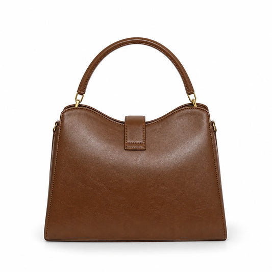 Balenora Brown Leather Structured Top Handle Handbag